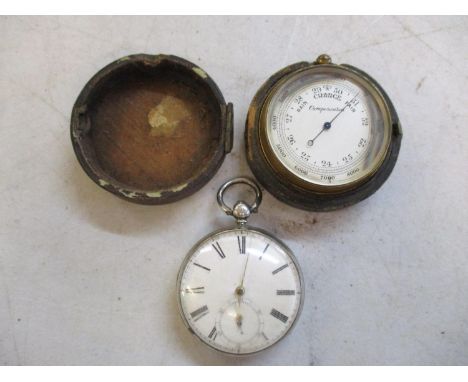 A 19th century silver pocket watch together with a compensated brass barometer in leather caseLocation:  Cab 