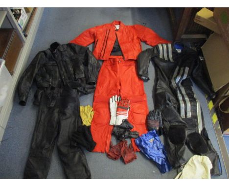 Motorcycle leathers and gloves includes Full body Swift of Northampton, IXS Salopettes, J &amp; S Pants, Dynamic leathers Jac