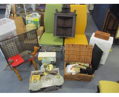 A mixed lot of items to include a pair of modern chairs, camel stools, fire screen, corner shelf, light fitting, wicker baske