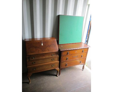 A 20th century walnut bureau, together with an oak chest of drawers and a folding card table Location: BC 