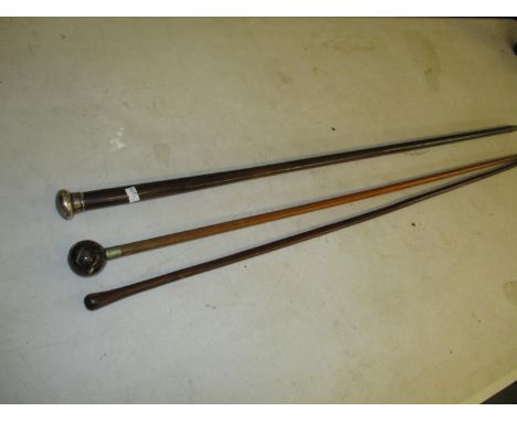 A mahogany walking stick with silver top, together with a glass top walking stick, and one other mahogany walking stick Locat