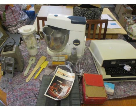 A vintage lot comprising a Kenwood Major mixer with two attachments, metal bowl and liquidiser, mixed utensils, an Imperial t