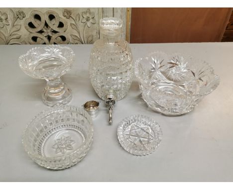 A small collection of cut glass and crystal bowls, together with a cut glass liqueur decanter in the shape of a barrel with h
