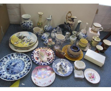 Mixed Delftware, two Crown Devon lustre vases, Torquay Ware, a Doulton Lambeth vase, collectors plates, a vintage McMurdo tab