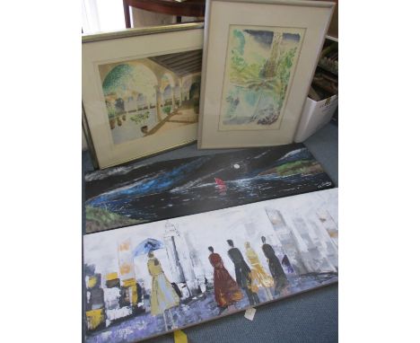 Two unframed canvas pictures, one of a night scene on a lake signed Lazenby together with a Michael Weller limited edition pr