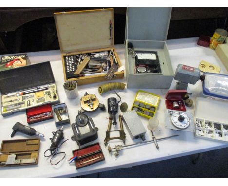 A quantity of clock and watch makers tools to include a Seco motor, Flame Master, Accutron test set, etcLocation: 8:5 