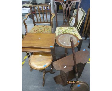 Small furniture comprising a late 19th century carver chair, a mahogany duo nest of tables, two wine tables, a two tier wall 