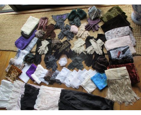 Twentieth century leather gloves and long sleeved evening gloves, a selection of ladies handkerchiefs, mixed scarves to inclu