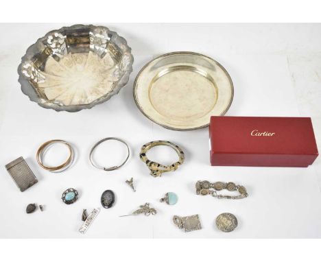 A small quantity of costume jewellery including bangles, silver threepence bracelet, white metal cigarette lighter, two silve