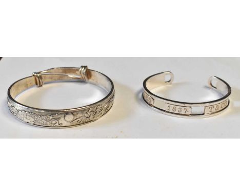 TIFFANY; a hallmarked silver bangle and a white metal Chinese stamped bangle, approx g.