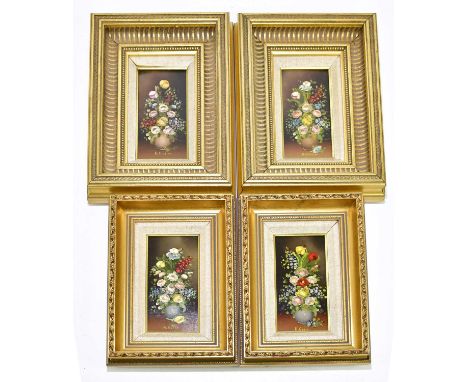 † R ROSINI; four oils on copper, still life flowers in vases, each signed, 16.5 x 8cm, framed (4).