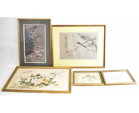 Four assorted Chinese watercolours all depicting birds amongst foliage including an example on silk, and a pair, also a print