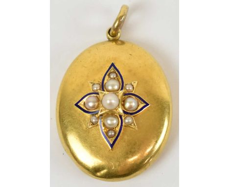 A yellow metal enamel and pearl set locket pendant.Condition Report: This fob has one small dent to the bottom, measures 3.5x