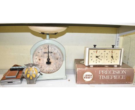 A Vega Precision timepiece chess clock, also a pair of Salter kitchen scales, a camera, and a vintage AA badge.