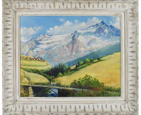 R. PINGON; oil on board, Alpine scene, signed and dated 1957, 36.5 x 44cm, framed.