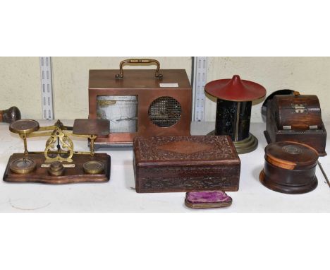 A small quantity of treen, including carved wooden box, brass scales with weights, etc.