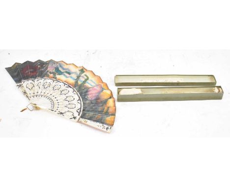 EMMELINE DEANE (BATH 1858-UXBRIDGE 1944); a 19th century pierced mother of pearl folding fan, the kidskin leaf later painted 