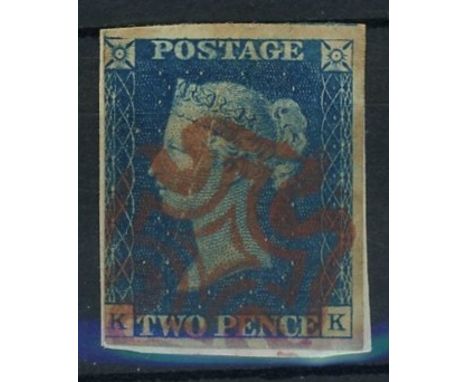 1840 2d blue, K-K, used on small piece with red maltese cross, 3 good margins, trimmed at left.