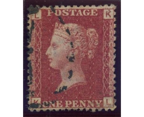 1864-79 1d red, plate 225, K-L, used, repaired lower right corner, otherwise fine. Cat £700 (see photo)