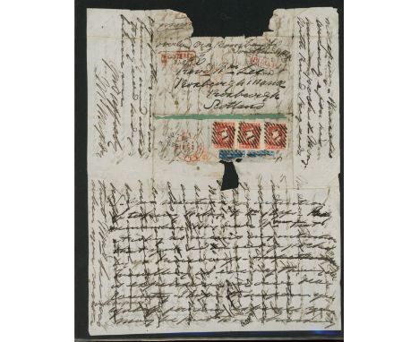 1854 1a red 4 margin strip of 3 on registered entire, not tied, Allahabad to Scotland, double usage with parts of stamps from