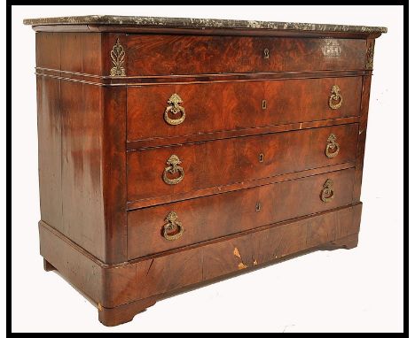 A 19th century French walnut and black/grey veined marble commode chest of drawers.&nbsp;Raised on bracket feet supports with