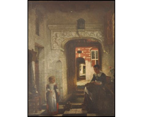 After Johannes Vermeer (Dutch, 1632-1675) An 18th / 19th century dutch school oil on panel painting of an architectural inter