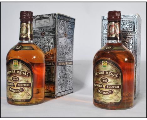 2 vintage boxed bottles of Chivas Regal blended Scotch whisky 26 2/3 fl oz / 12 years old. Both boxed