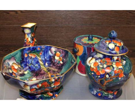 CORONAWARE "CHERRY PIPE " FRUIT BOWL, VASE AND JAR WITH COVER
together with a losolware lidded jar 