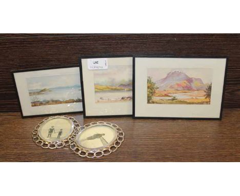 THREE MINIATURE WATERCOLOURS OF SCOTTISH HIGHLAND SCENES
together with two vintage white metal hoop border photograph frames 