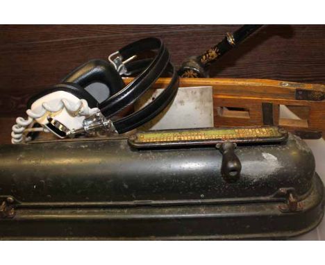 A RARE VINTAGE CHEQUE WRITING MACHINE BY HALSBY & CO
together with a vintage motoring book, a pair of Sansui headphones, vint