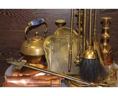 LARGE COLLECTION OF BRASS AND METAL WARE
including teapot, fire irons, candlesticks, trinket box, etc