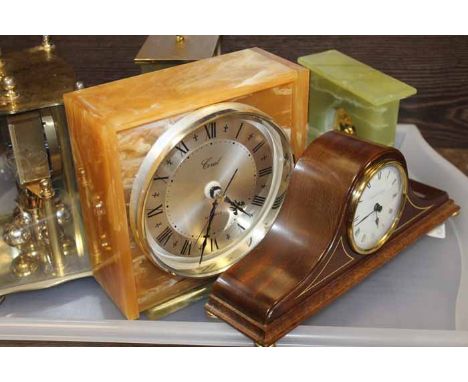 VINTAGE 8 DAY SWIZA GREEN ONYX MANTEL CLOCK
together with five other vintage mantel clocks including Coral, Rhythm, Acctim, e