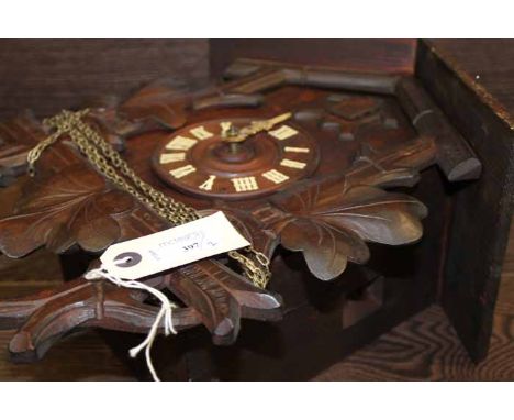 IMPRESSIVE CARVED WOOD BLACK FOREST STYLE ONE DAY CUCKOO CLOCK
with a beautiful carved bird pediment over the cuckoo window (
