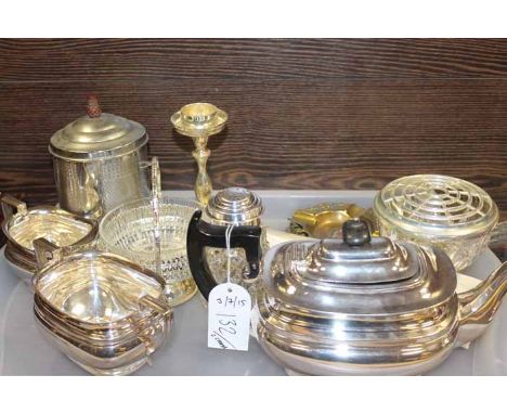 COLLECTION OF SILVER PLATE AND BRASS
including a three piece silver plated tea service, the pot with ebonised handle and fini