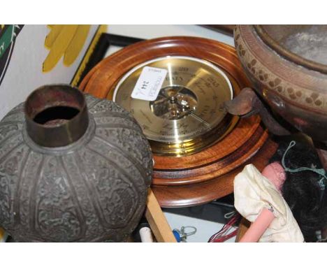 TWO BRASS VASES, TWO PELHAM PUPPETS, BAROMETER AND FRAMED TILE