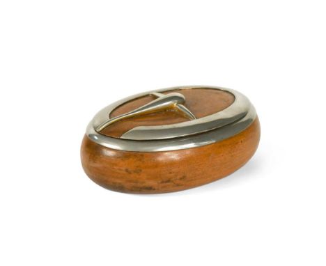 Gucci, a mid-century Italian hardwood jewellery box, of ovoid form, the hardwood body with silver-plated rim and with silver-