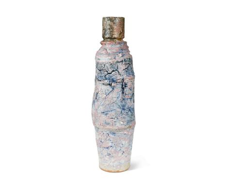 § Robin Welch (1936-2019), a tall stoneware vase, of organic cylindrical form, with mottled glazes in pinks and blues, impres