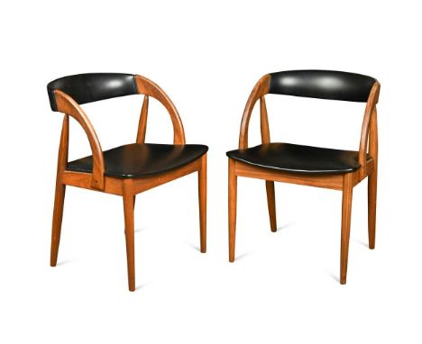 Orte Mobelfabrik, a pair of Danish teak elbow chairs,  with black vinyl backs and seat cushions, raised on turned column supp