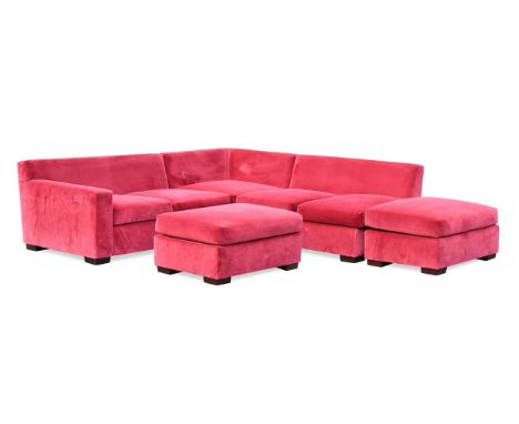 Ralph Lauren Home, a large red upholstered modular corner sofa,  with two ottomans en suite, raised on hardwood block feetthe