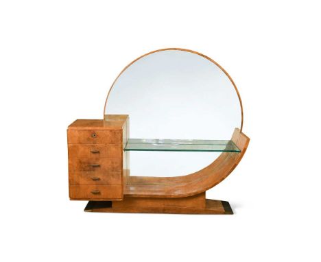 An Art Deco satin walnut dressing table,  with circular mirror and glazed shelf with a bank of five drawers to one side, rais