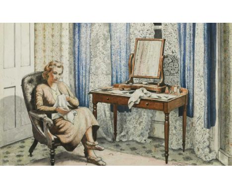 § George Charlton (1899-1979) Portrait of a lady seated at her dressing table signed 'George Charlton' (lower right)ink and w