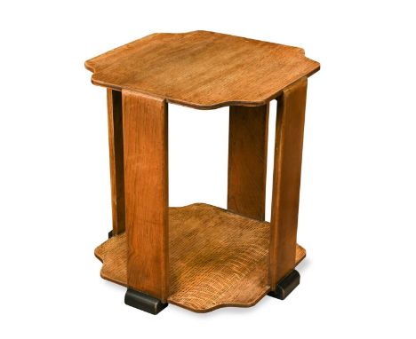 An Art Deco period pale oak occasional table, the shaped square top raised on flat-plane supports with undertier below and eb