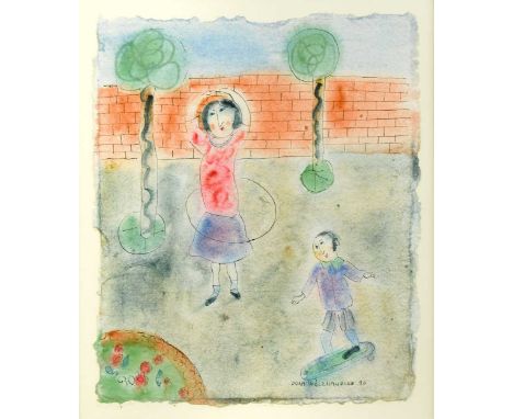 § Dora Holzhandler (1928-2015)  Children Playing signed and dated 'DORA HOLZHANDLER 90' (lower right) ink and watercolour on 