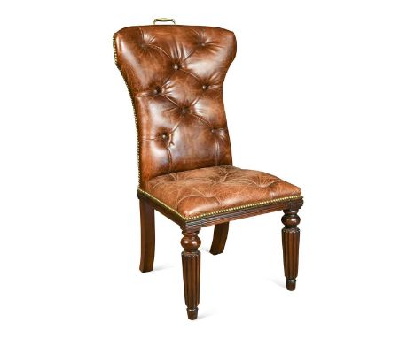 Ralph Lauren Home, a single brown leather button-upholstered side chair,  with brass handle, raised on reeded front legs115 x