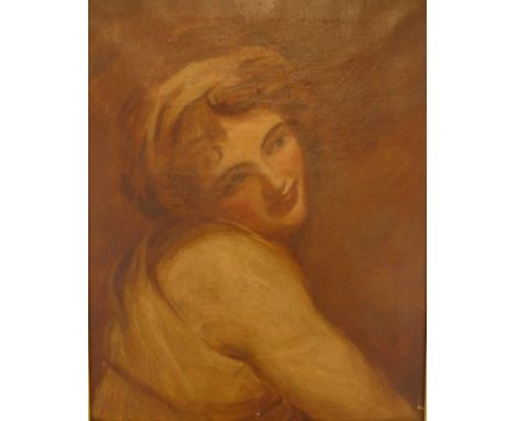 After George Romney (1765-1815) - A portrait of Emma Lady Hamilton 
Oil on canvas, 39x49cm, inset into a heavy gilt frame

 