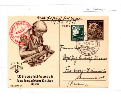 Germany 1938 used pre stamped Winter Relief propaganda card with 50 pf Eagle air, posted Frankfurt to Baden bearing Graf Zepp