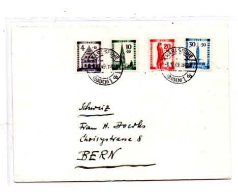 Germany. Allied Occupation: French Zone 1949 cover posted X, Baden to Bern (Swiss) and bearing the Freiburg Rebuilding Fund i