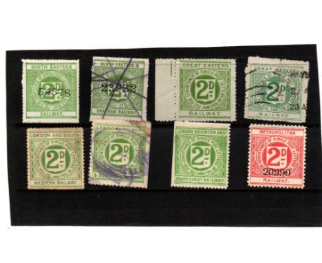 English railway letter stamps SER 2d m, SE & Chatham 2d u, GER 2d m, GWR 2d u, London & SW R 2d m, London Tilbury & Southern 