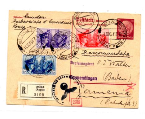 1941 censored reply stationery (pre-stamped with Hindenburg 15 pf) registered Rome by train to Baden bearing Hitler/Mussolini