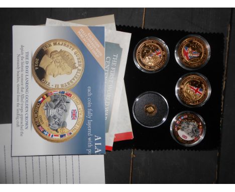 Tristan da Cunha X 5 crowns. D-Day, Ode of r embrace X 2, and the Somme all 24 carat gold plated alloy plus centenary of Worl